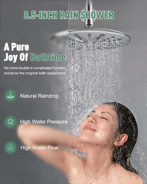 Woman enjoying Ultimate Rain Shower System With 8.5 Inch Round Rain Head, Chrome Finish, high water flow in modern bathroom.