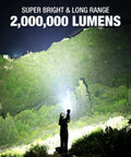 Person using Ultra Bright Rechargeable Spotlight 2,000,000 Lumens LED Handheld Flashlight illuminating hillside at night