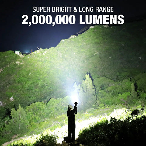 Person using Ultra Bright Rechargeable Spotlight 2,000,000 Lumens LED Handheld Flashlight illuminating hillside at night