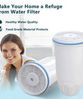 Woman holding glass of water next to Pack Of 4 Water Filter Replacements For Zero Pitcher And Dispenser, filtration features shown