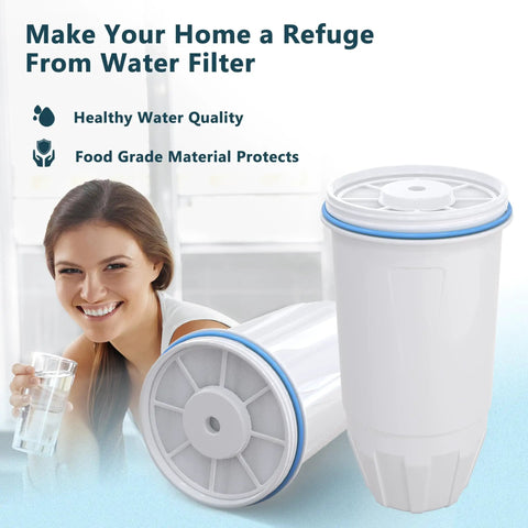 Woman holding glass of water next to Pack Of 4 Water Filter Replacements For Zero Pitcher And Dispenser, filtration features shown