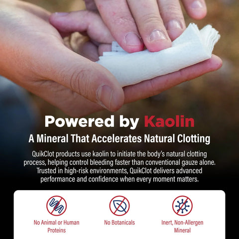 QuikClot Advanced Clotting Gauze 3 x 24, white kaolin hemostatic dressing, hands holding folded gauze outdoors