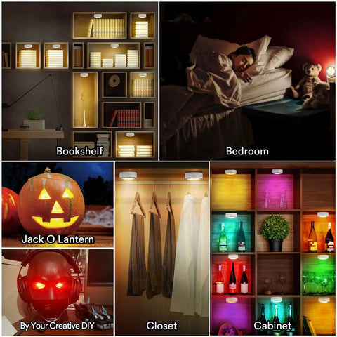 Image of Six Pack Battery Operated Puck Lights With Remote Control For Wireless Under Cabinet Kitchen Lighting Stick On Tap Lights illuminating various home settings: bookshelf, bedroom, jack o lantern, creative DIY, closet, and cabinet.