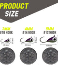 Size chart showing 3mm, 4mm, and 5mm jigs with hooks, compared to a dime.