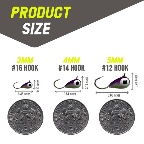 Size chart showing 3mm, 4mm, and 5mm jigs with hooks, compared to a dime.