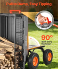 Heavy Duty 10 Cu Ft Poly Garden Cart Dump Wagon With Convertible Handle And 13 Inch Flat Free Tires, Tow Behind Yard Wagon For Lawn Mower And Tractor, 1200 Lbs Capacity, 90° dump view