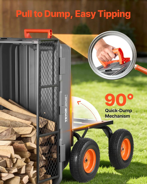 Heavy Duty 10 Cu Ft Poly Garden Cart Dump Wagon With Convertible Handle And 13 Inch Flat Free Tires, Tow Behind Yard Wagon For Lawn Mower And Tractor, 1200 Lbs Capacity, 90° dump view