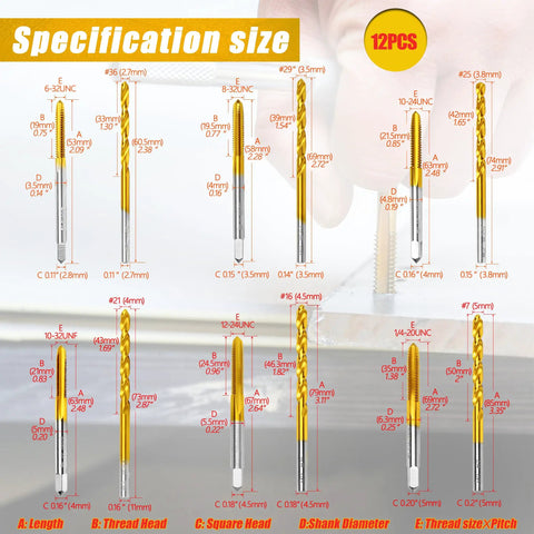 12 Piece SAE Drill And Tap Kit With Tap Wrench For Metalworking Pro Grade And Heavy Duty Beast Of A Kit Includes Drills And Thread Taps From Six Thirty Two UNC To One Quarter Twenty UNC High Speed Steel Bits For Quick Accurate Taps size chart