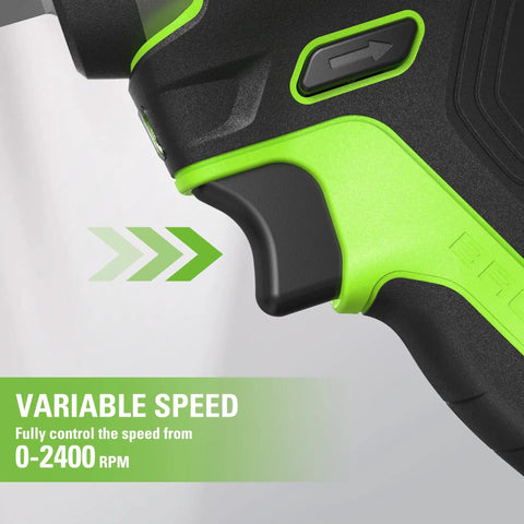 Close-up of variable speed feature on 24V Brushless Cordless Three Eighths Inch Impact Wrench, showcasing control from 0-2400 RPM.