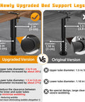 Set Of Four Heavy Duty Metal Bed Support Legs With Adjustable Height From 7 To 13 Inches showing upgraded vs original version with diameter details.