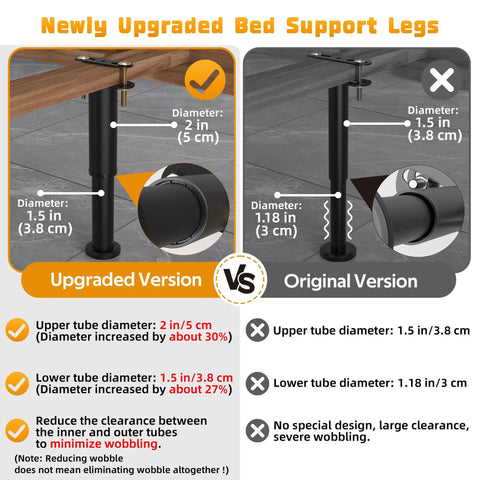 Set Of Four Heavy Duty Metal Bed Support Legs With Adjustable Height From 7 To 13 Inches showing upgraded vs original version with diameter details.