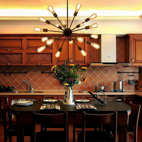 Black 18 Light Starburst Chandelier Pendant Light 36 Inch Wide For Living Room Dining Room Kitchen Island Foyer Retro Style Modern Farmhouse Industrial Ceiling Fixture With Adjustable Height And Durable Spray Painted Metal above kitchen table.