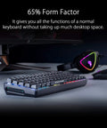 Compact 65 Percent Wireless Gaming Keyboard With Buttery Red Linear Switches And Fresh RGB Lighting featuring a sleek touch bar on a desk.