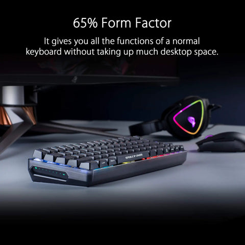 Compact 65 Percent Wireless Gaming Keyboard With Buttery Red Linear Switches And Fresh RGB Lighting featuring a sleek touch bar on a desk.