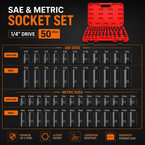 Heavy Duty 1/4 Inch Drive Impact Socket Set With 50 Pieces Sae And Metric Deep Shallow 6 Point Cr-V Bits For Auto Motorcycle Repair Plus Household Fixes, red case open