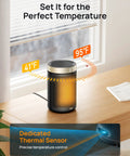 Compact Portable Electric Space Heater With Thermostat And Remote Digital Display on a desk, showing temperature range from 41°F to 95°F.