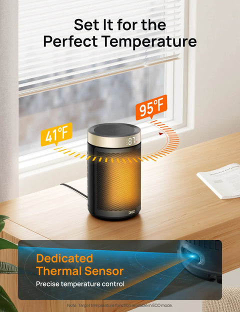 Compact Portable Electric Space Heater With Thermostat And Remote Digital Display on a desk, showing temperature range from 41°F to 95°F.
