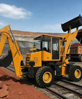 Compact Backhoe Loader With Front Bucket For Farm Trenching And Earth Moving at construction site, side view