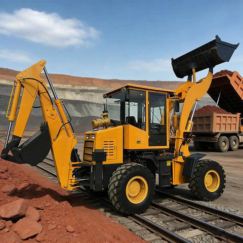 Compact Backhoe Loader With Front Bucket For Farm Trenching And Earth Moving at construction site, side view