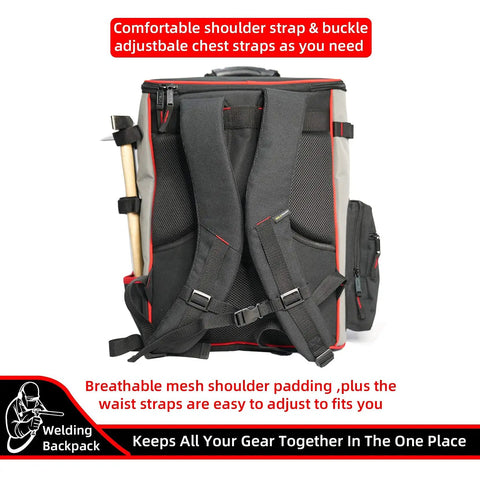 Heavy Duty Welding Tool Backpack With Helmet Catch showing adjustable straps and breathable mesh padding