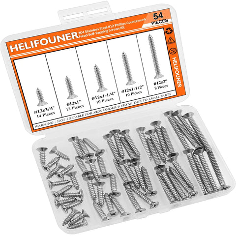 Workhorse Gauge 12 Wood Screws Assortment Kit, 54 Piece 304 Stainless Steel Phillips Countersunk Fasteners in latching case