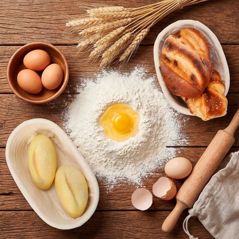 30 Set Bulk Oval Banneton Bread Proofing Baskets With Cloth Liners Natural Rattan Dough Bowls Kit For Sourdough Baking displayed with eggs, flour, and baked bread on wooden table.