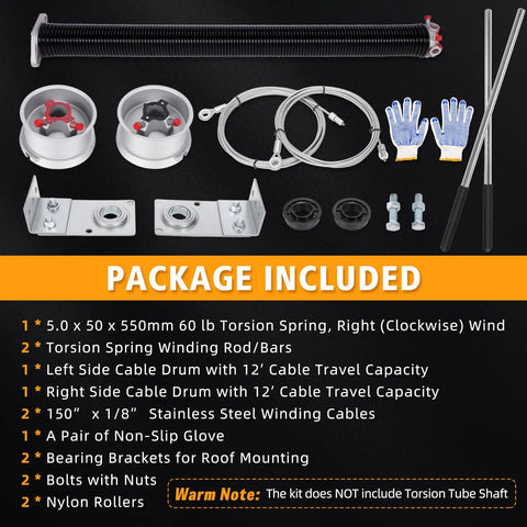 Package contents of Ramp Door Spring Kit With Winding Bars For 6 Foot Wide Cargo Trailers, includes 60 lb torsion spring and accessories.
