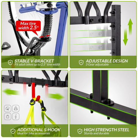 Two Bike Floor Stand Freestanding Bicycle Parking Rack For Garage Indoor Outdoor With Hooks Durable Metal for 2.5 inch tires