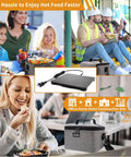 Collage showing Portable Oven For Office And Travel With Auto Temperature Control in use at home, worksite, and office.