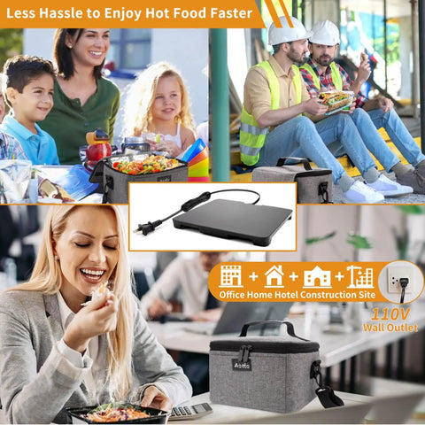 Collage showing Portable Oven For Office And Travel With Auto Temperature Control in use at home, worksite, and office.