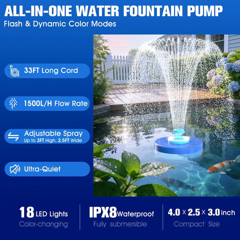 Floating Pond Fountain With LED Lights Plug In Aerator Pump For Ponds And Pools Twenty Four Seven Steady Spray Large Outdoor Water Feature With Anchor Garden Pond Accessory 33 Ft Cord