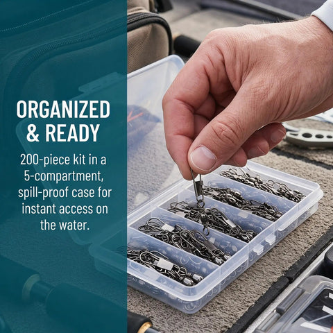 Hand selecting from 200 Piece Barrel Snap Swivel Fishing Accessories Set With Ball Bearing Swivels And Snap Connectors in case