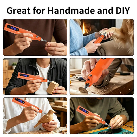 No-Drama Cordless Rotary Tool Kit With Nine Precise Speed Settings And Fast USB Recharge Tough Engraving Pen in use for DIY projects.