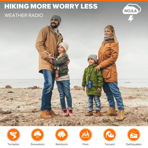 Family on beach with Long Range Rechargeable Walkie Talkies For Adults And Kids 4 Pack With SOS Siren NOAA Weather Alerts USB Charging