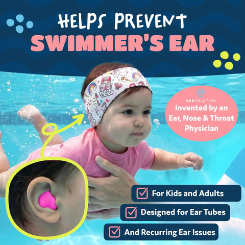 Child swimming with Floating Putty Buddies Swim Earplugs For Kids And Adults, Moldable Premium Silicone Plugs shown close-up