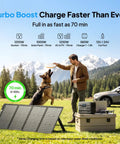 Man playing with dog beside Elite 100 V2 Solar Generator Kit With 200W Panel Included Ships Separately outdoors