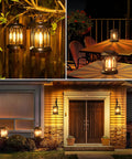 4 Pack Solar Lanterns Outdoor Lights For Garden And Patio displayed on patio tables, hanging from trees, and beside a front door.