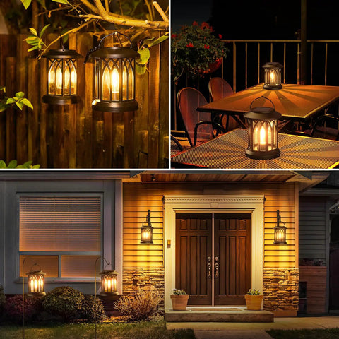 4 Pack Solar Lanterns Outdoor Lights For Garden And Patio displayed on patio tables, hanging from trees, and beside a front door.