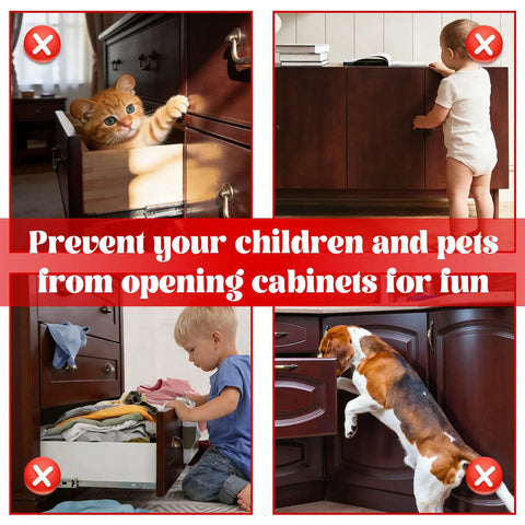 12 Pack Magnetic Cabinet Door Catch No Drill Ultra Thin Stainless Steel Hardware shown preventing pet and child access
