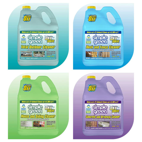 Four Simple Green Oxy Solve Total Outdoor Cleaner bottles including Deck, House, and Concrete variants.