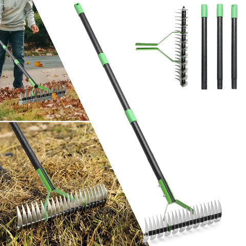 Dual Action Dethatcher Rake with 21 long tines and 55 inch adjustable handle used for removing thatch on lawn