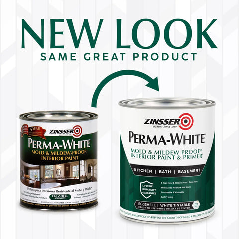 Two cans of Zinsser Perma-White Mold And Mildew Proof Interior Paint With Self Priming Formula Eggshell White Finish Quart