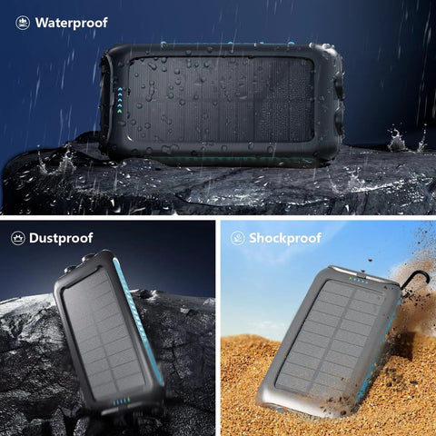 Maxed-Out 49800mAh Solar Power Bank with 15W Fast Charging, QC3.0 USB-C, Dual USB-A in waterproof, dustproof, shockproof settings