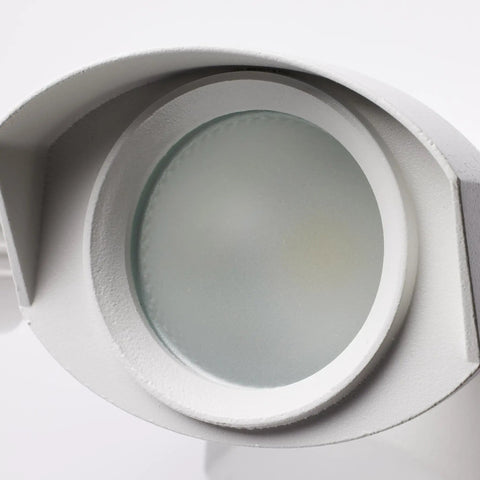 Close-up of light head from Dual Head Outdoor Led Security Light With 3000K Warm White Weatherproof Wall Mount Energy Star Certified 2KV Surge Protection Recessed Junction Box Required Built Tough For Walkways Patios And Porches