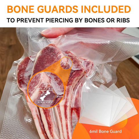 Gallon Vacuum Sealer Bags 11x16 Inch Heavy Duty BPA Free with bone guards protecting ribs for meal prep and sous vide.
