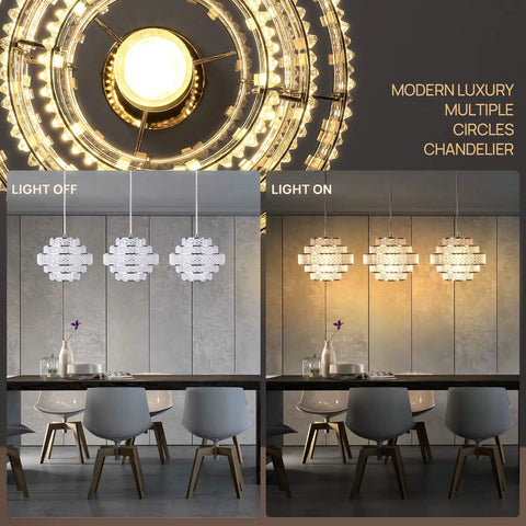 Modern Pendant Light With Adjustable Height Acrylic Multilayer Lantern Chandelier Hanging Fixture For Kitchen Island Living Room And Bedroom 3 Pack Great For Dining Areas Ambience And Home Decor showing light on and off.