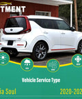 2020-2023 Kia Soul in white parked outside, rear side view with text highlighting weather types for vehicle service. Kia Soul 2020-2023.