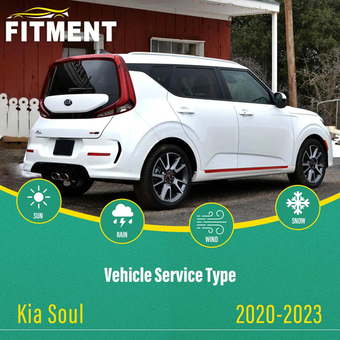 2020-2023 Kia Soul in white parked outside, rear side view with text highlighting weather types for vehicle service. Kia Soul 2020-2023.