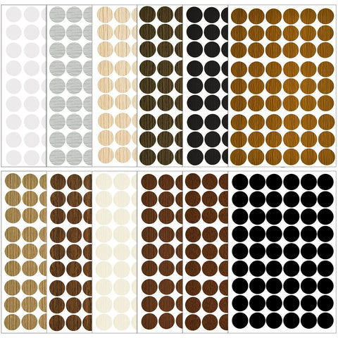 Wood Grain Adhesive Screw Hole Cover Sticker Set, 648 Pieces, 12 Colors, Waterproof PVC Caps displayed on white background