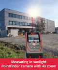 Pro Grade Laser Distance Meter D5 With 650 Ft Range Bluetooth Data Transfer 4X Camera Zoom Viewfinder Pointfinder Remote Measuring Smart Horizontal Alignment Add Subtract End Piece Hand Loop And Pouch, measuring building facade in sunlight